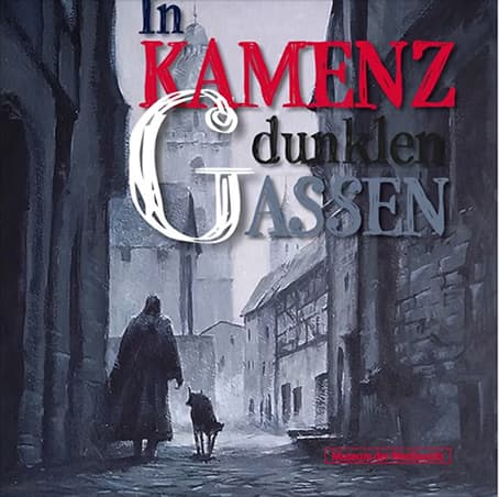 An illustrated figure with a dog walks through a dark, narrow cobblestone alleyway in Kamenz.