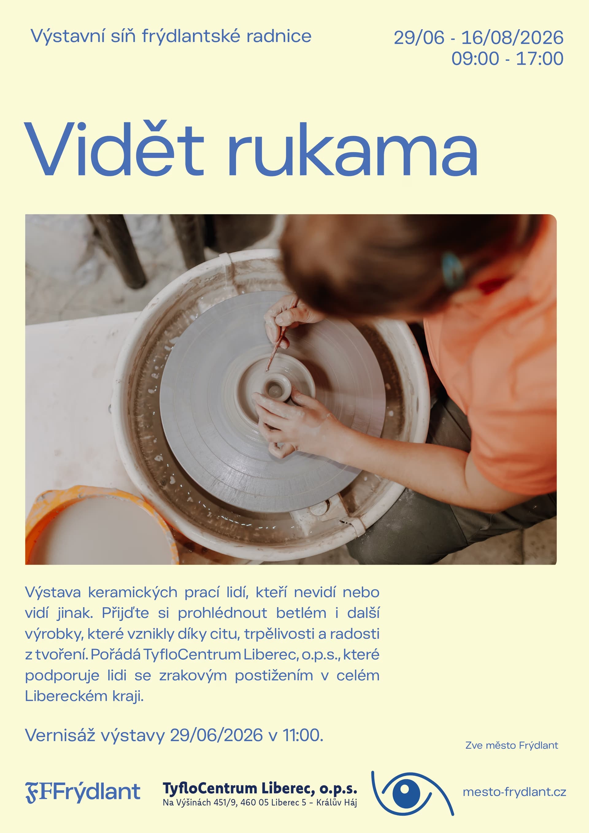A potter shapes clay on a wheel, featured on an event poster with exhibition details.