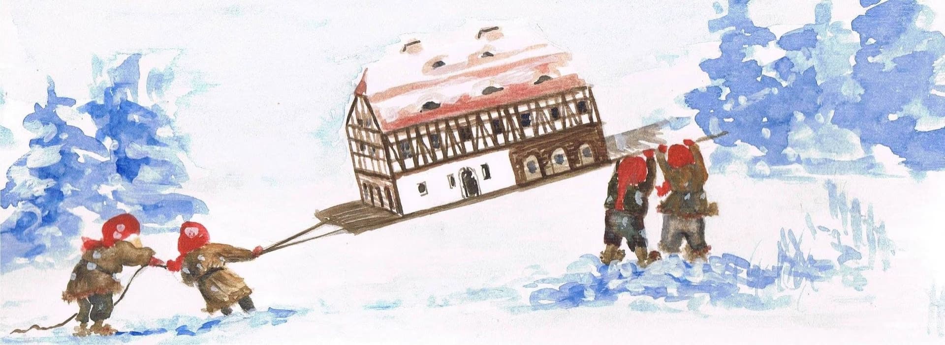 Watercolor painting of figures in red hats pulling a timber-framed house on a snow sled.