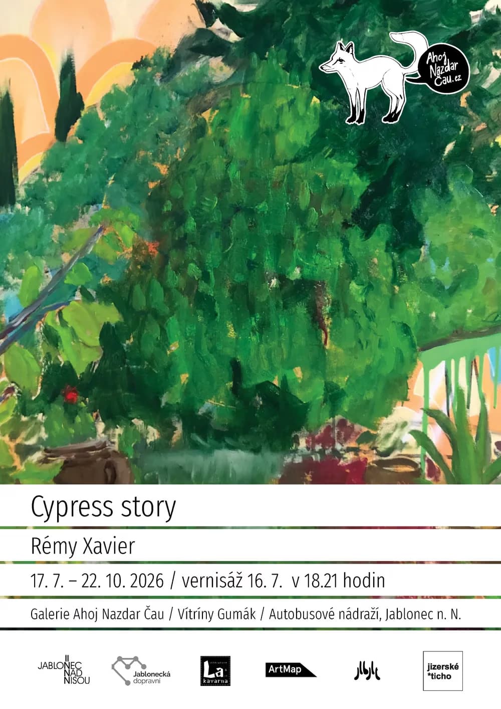 A poster titled Cypress story features a painted green landscape with an illustrated fox and event details.