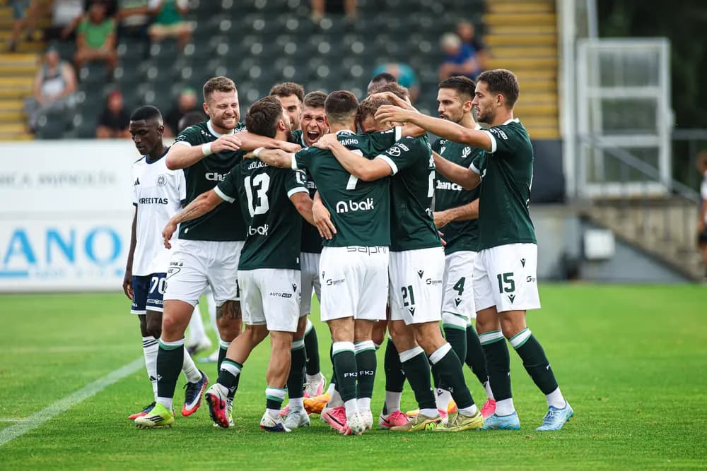 Soccer players in dark green uniforms celebrate a goal on the pitch during a stadium match.