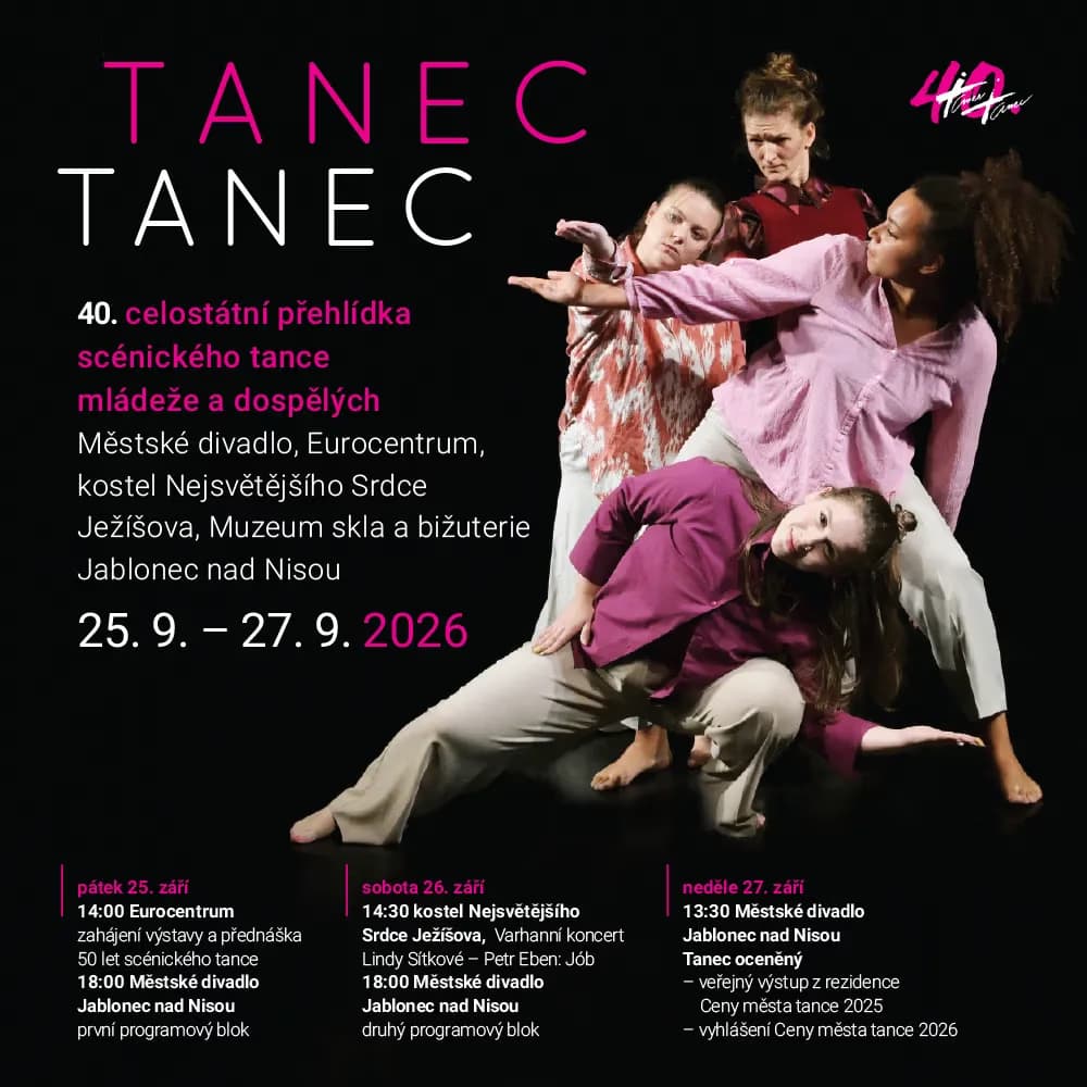 Three contemporary dancers pose dynamically against a black background with overlaid text details.