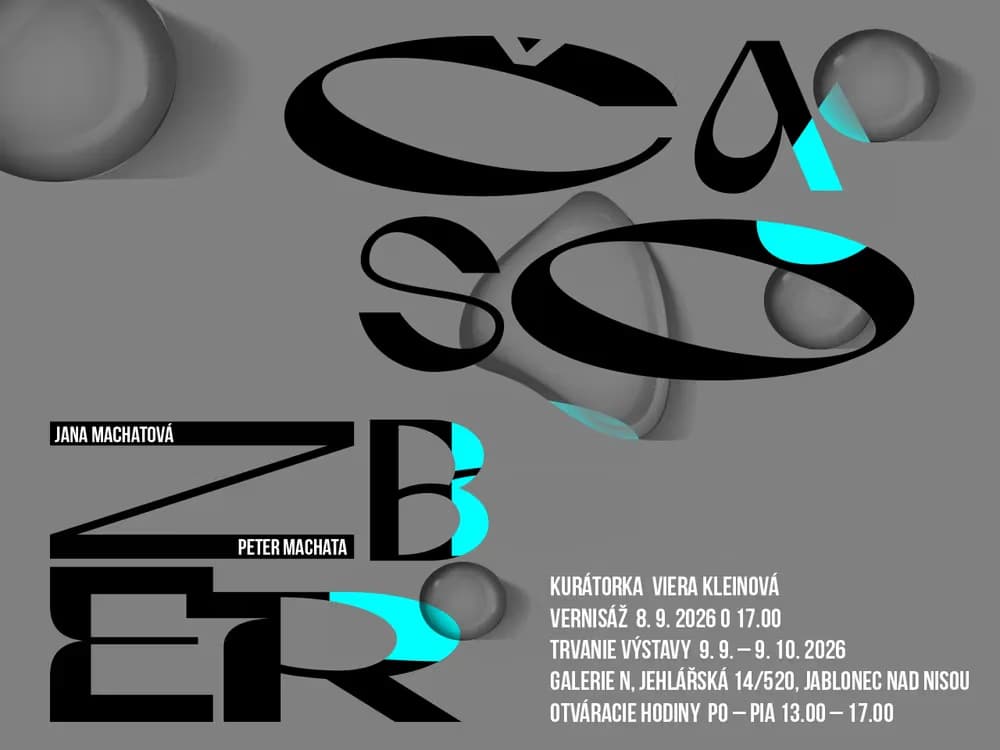 Abstract graphic poster with large stylized black text CASO ZBER and event details in grey background.