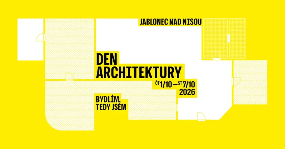 Minimalistický žlutý plakát zobrazuje náčrt půdorysu a černé textové informace o události.