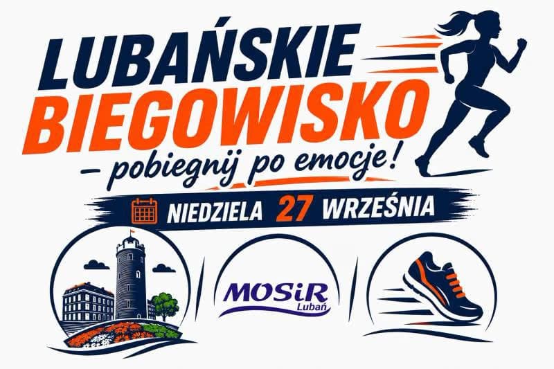 Promotional graphic for a running event titled Lubańskie Biegowisko featuring a silhouette of a runner.