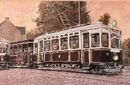 A vintage painting depicts an old electric streetcar pulling a trailer through a European town.