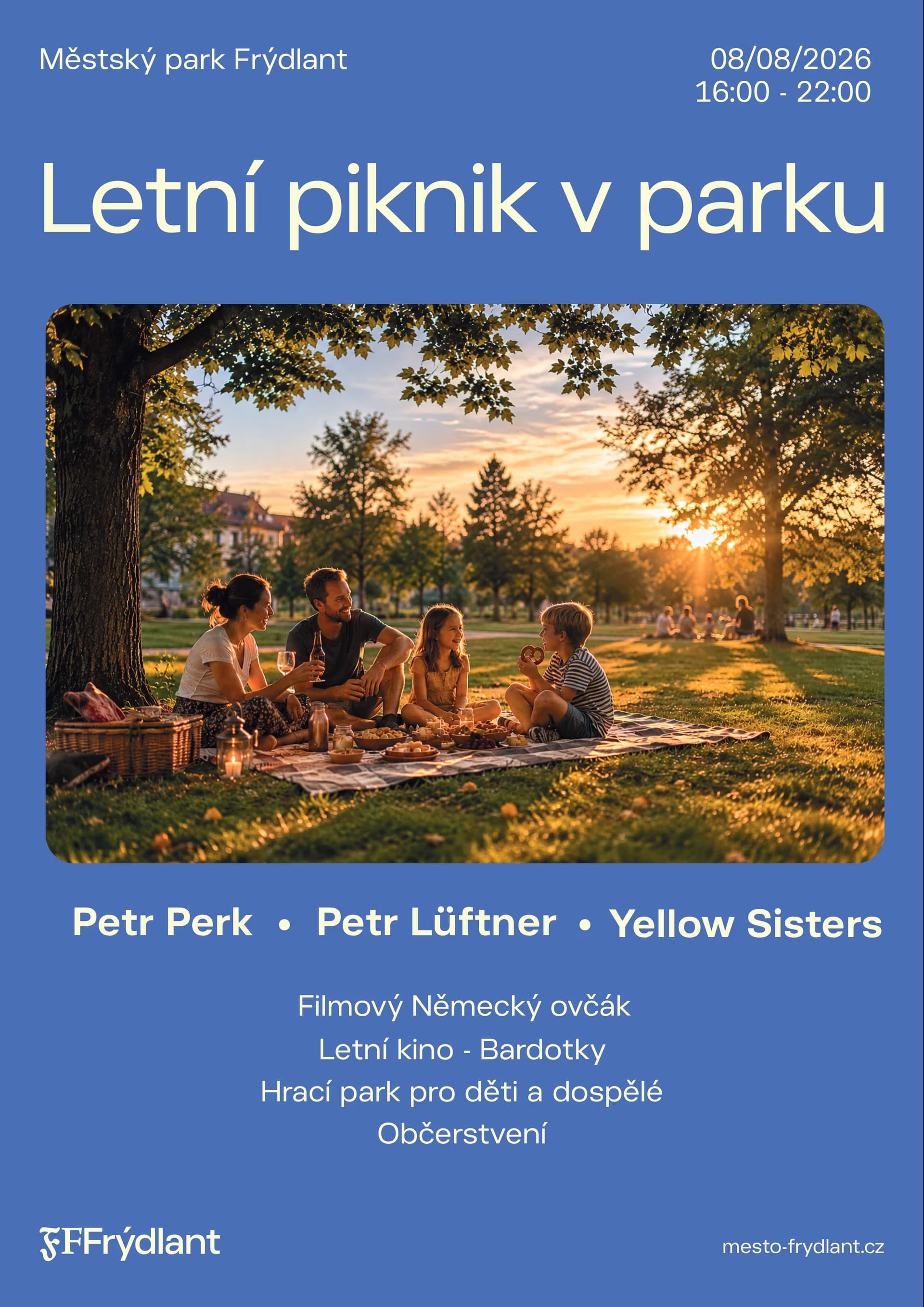A family picnic scene in a park at sunset is featured on this blue event poster.