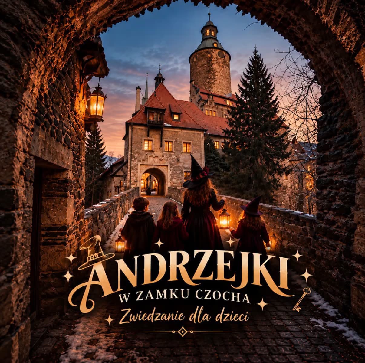 Kinder mit Hexenhüten gehen in der Dämmerung mit Laternen auf Schloss Czocha zu.
