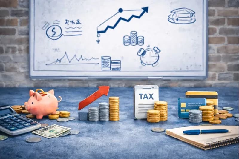 Financial items including coins, a piggy bank, and a tax sign sit on a desk below a whiteboard.