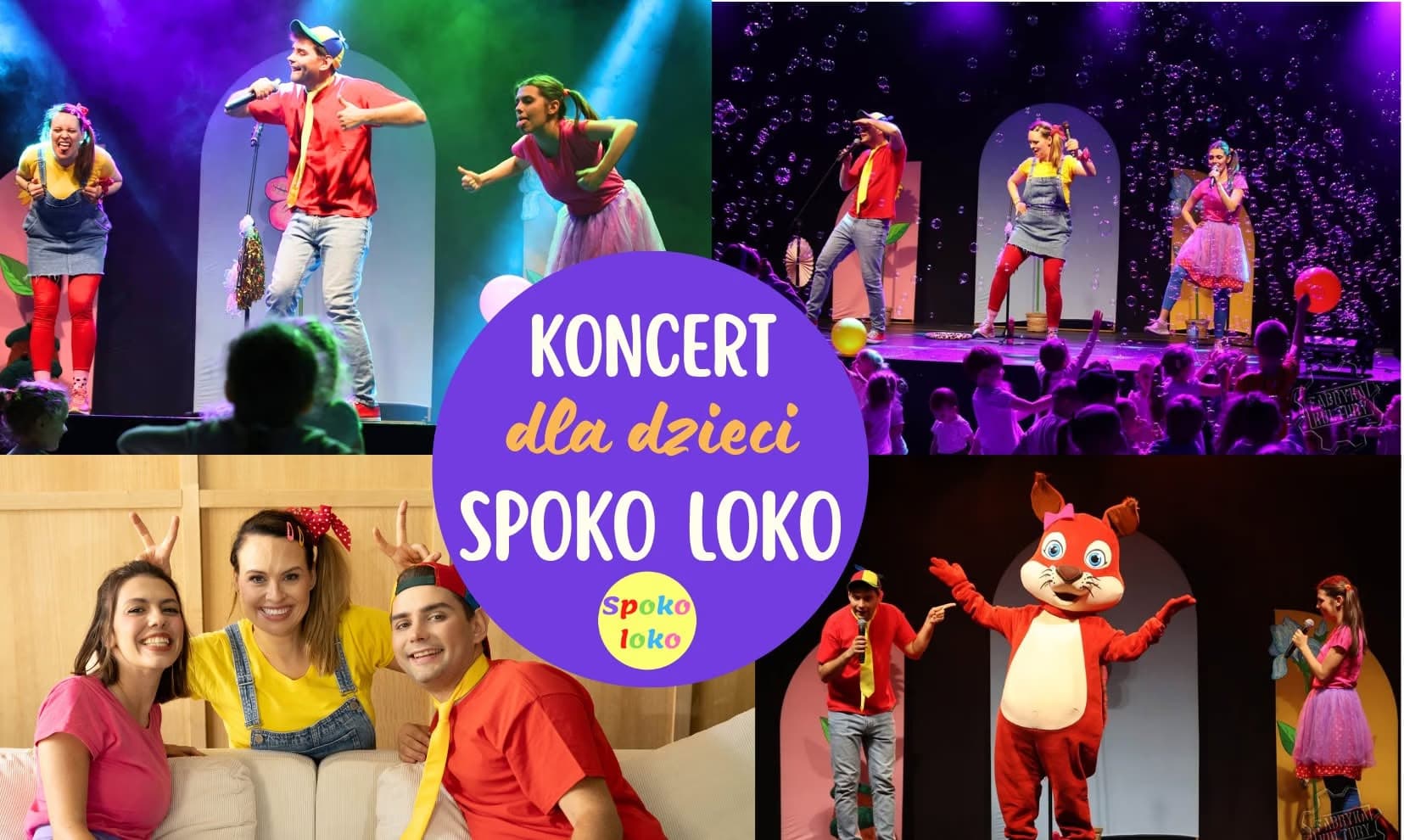 Koláž zachycuje účinkující v barevných kostýmech na pódiu a maskota veverky během dětského koncertu.