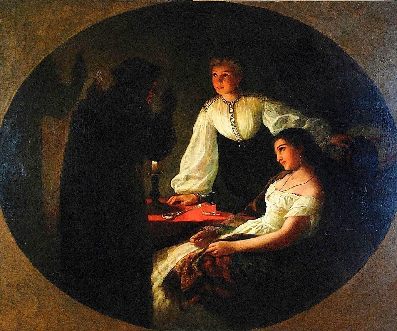 An oil painting shows two women looking at a mysterious figure in a dark robe by candlelight.
