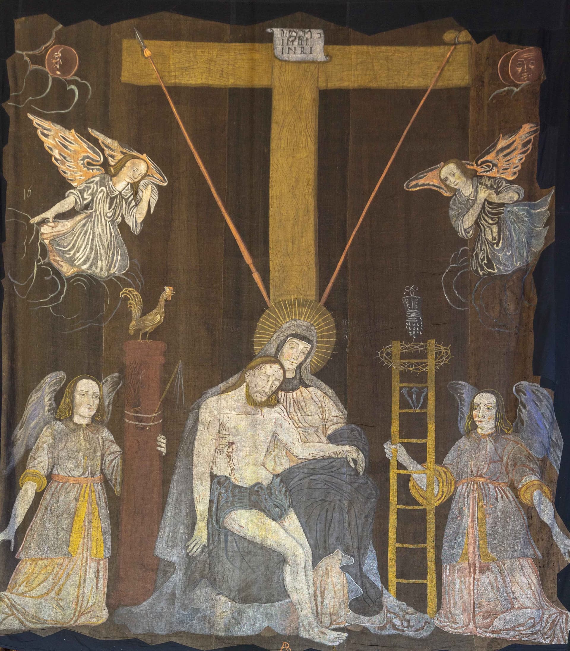 A religious painting depicts the Virgin Mary mourning over the body of Jesus with angels.