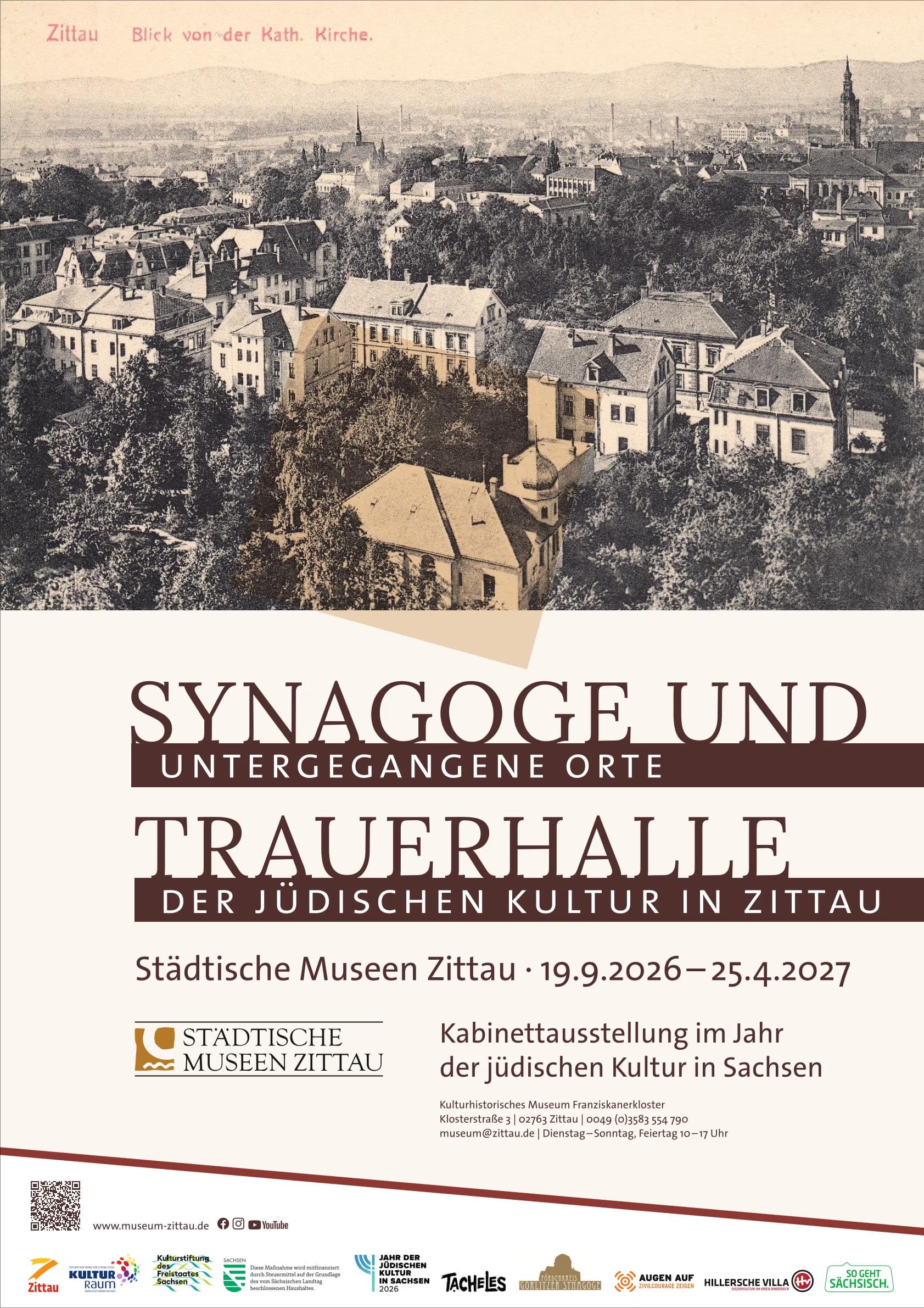 Historical black and white cityscape view above text announcing an exhibition about Jewish culture in Zittau.