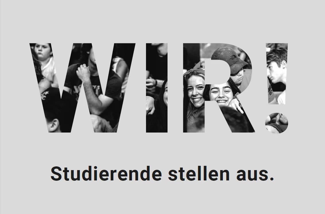 Das deutsche Wort WIR gefüllt mit kleinen Porträts von Studierenden auf hellgrauem Hintergrund.
