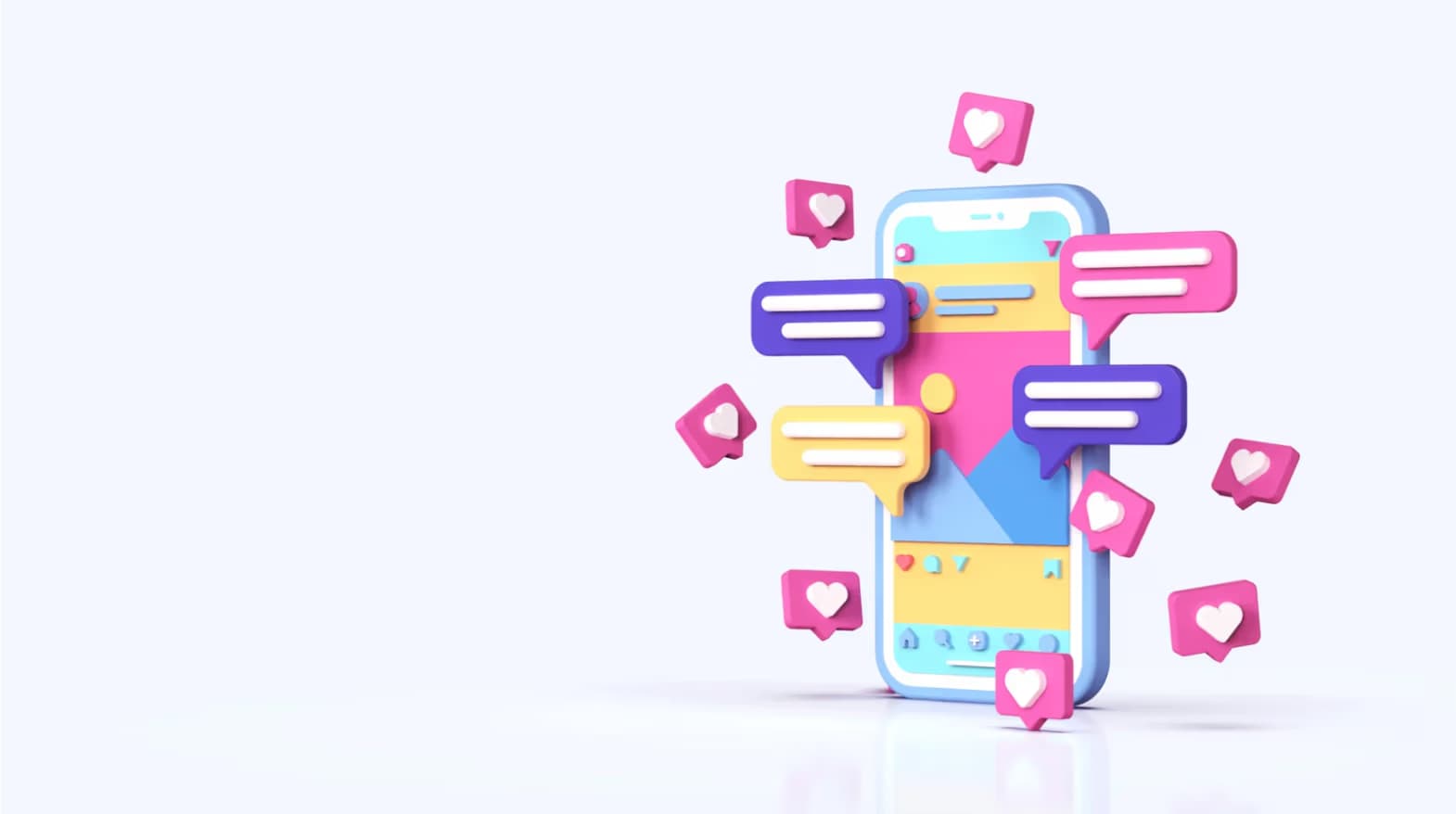 3D smartphone display with floating social media notification icons like hearts and message bubbles.