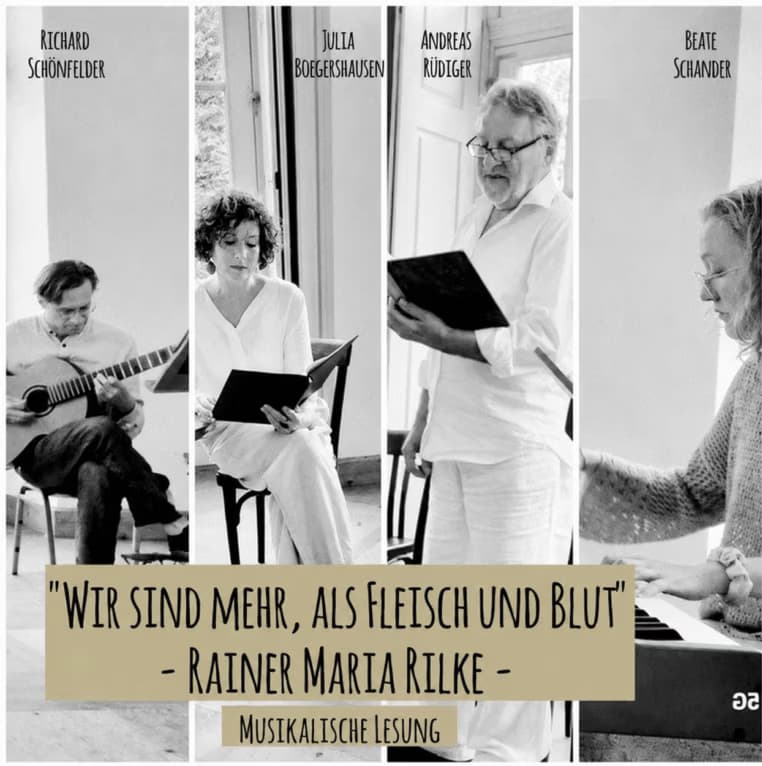 Black and white collage of four performers with text at the bottom regarding a literary reading.