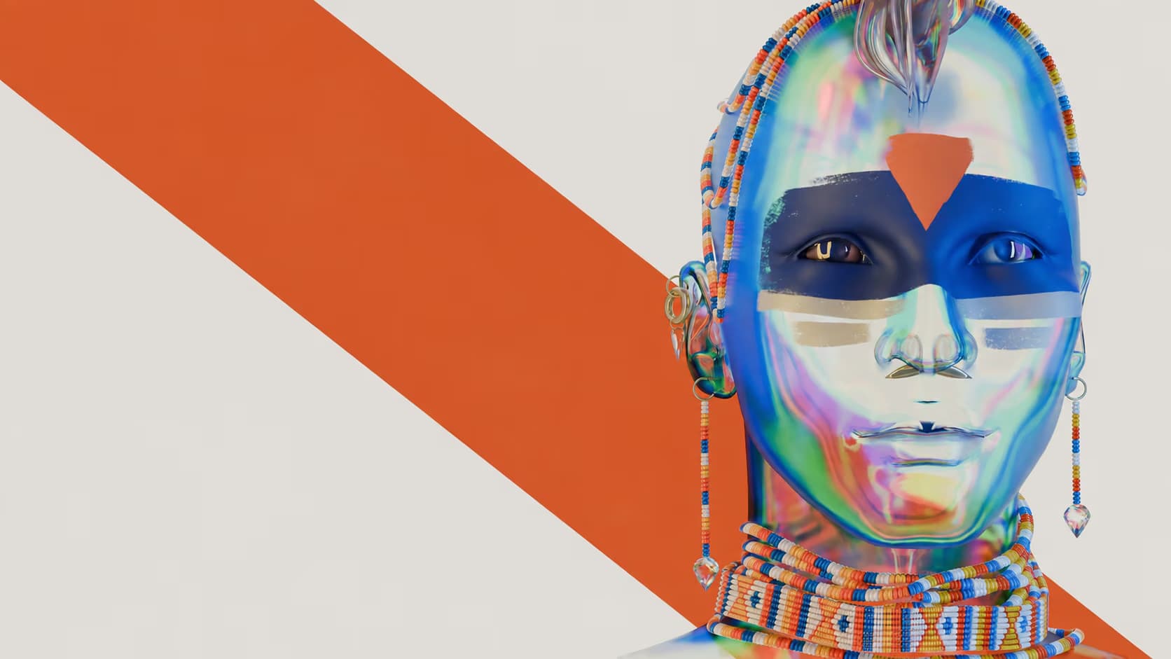 Digital artwork of a stylized face with iridescent skin, blue markings, and a red triangle forehead symbol.