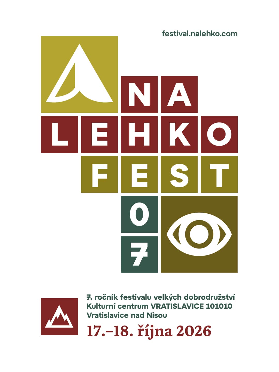 Plakat graficzny festiwalu Nalehko z geometrycznym napisem i szczegółami wydarzenia.