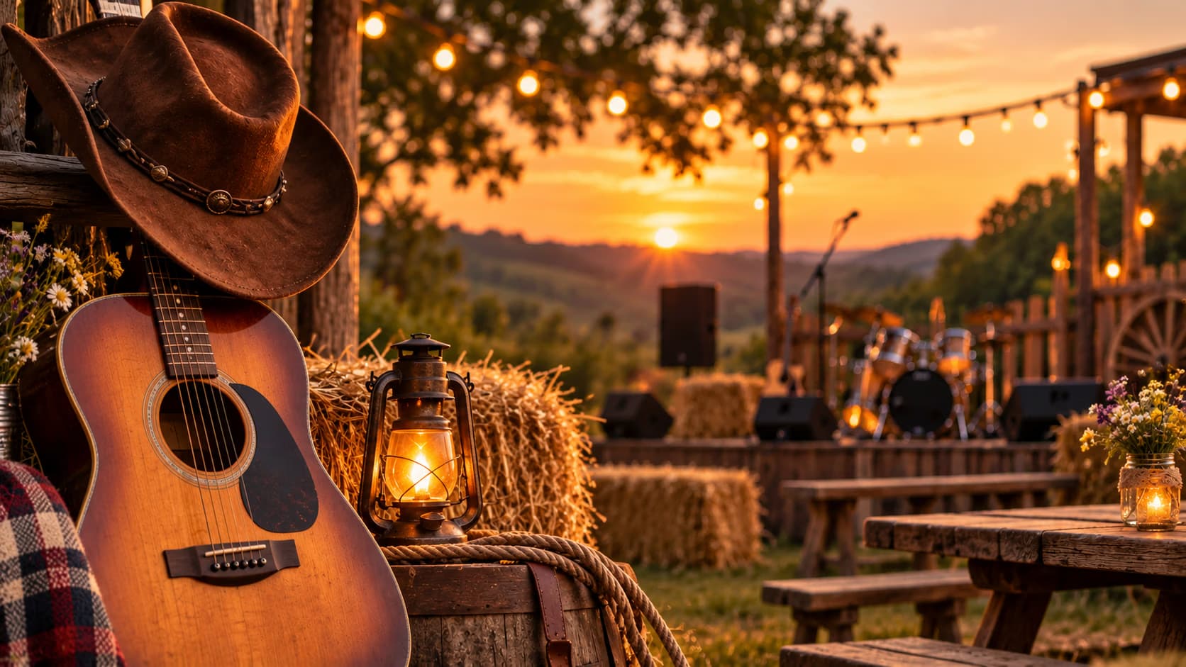 Acoustic guitar and cowboy hat rest on a wooden surface with a lantern at a rustic outdoor music venue.