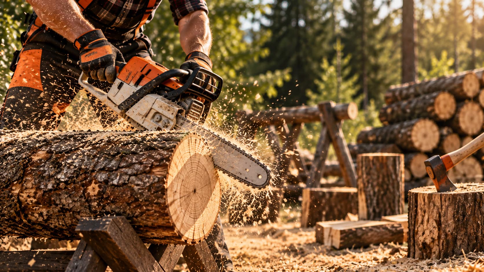 Forstarbeiter mit Schutzkleidung sägt mit einer Kettensäge Holz im Wald.