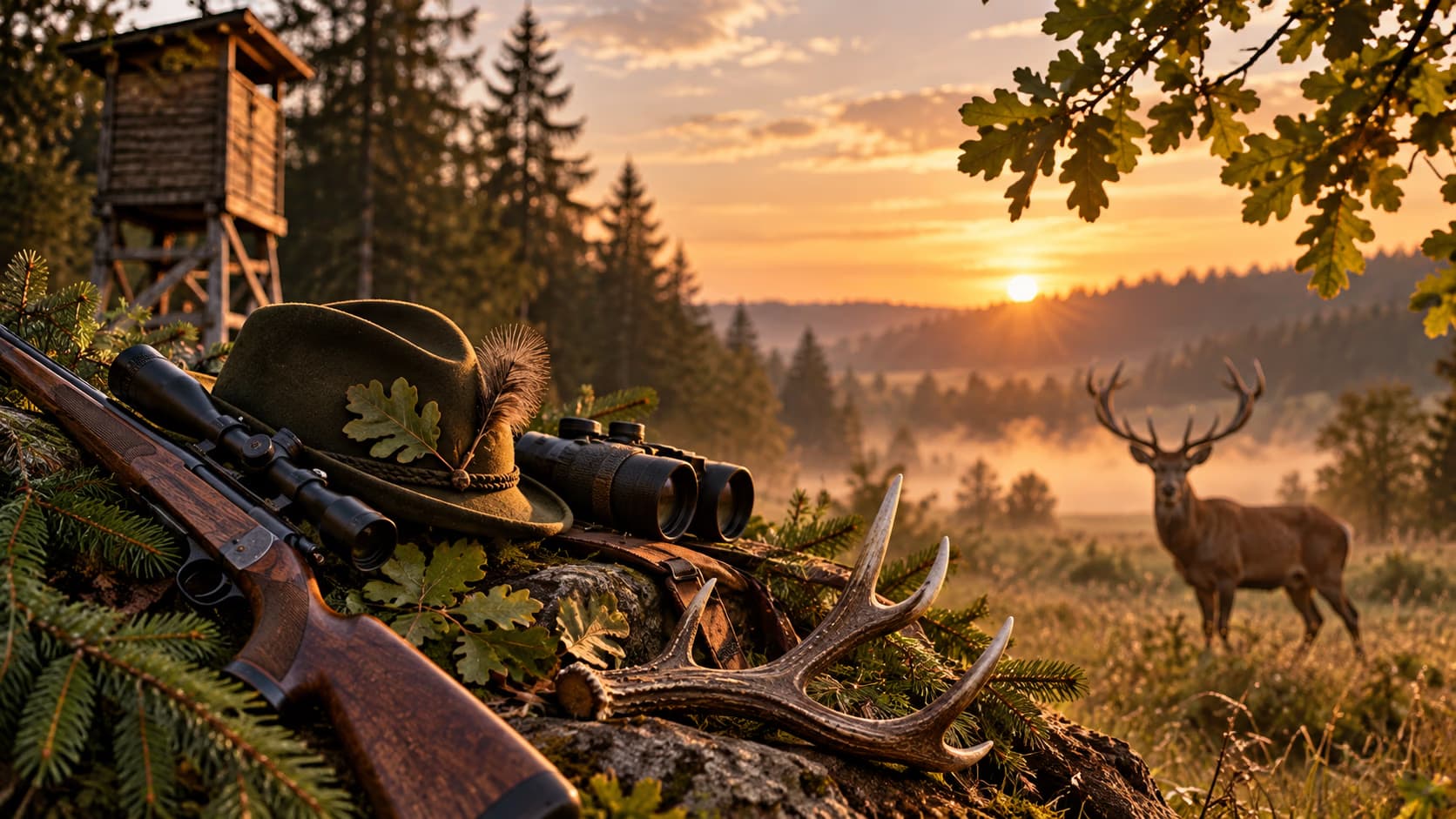 Hunting gear sits in a meadow at sunrise with a red deer standing in the background.