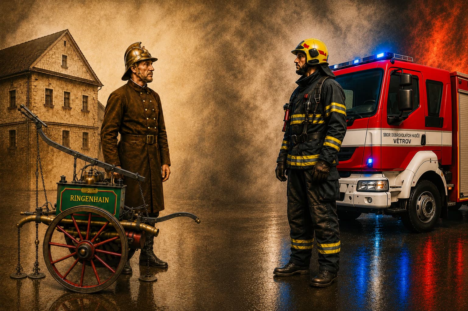 Historyczny strażak i współczesny strażak stoją obok zabytkowej pompy ręcznej oraz czerwonego wozu strażackiego.