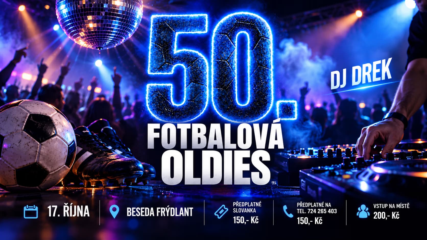 Neon-Grafik für eine Fußball-Oldies-Party mit Diskokugel und DJ-Ausrüstung im Hintergrund.