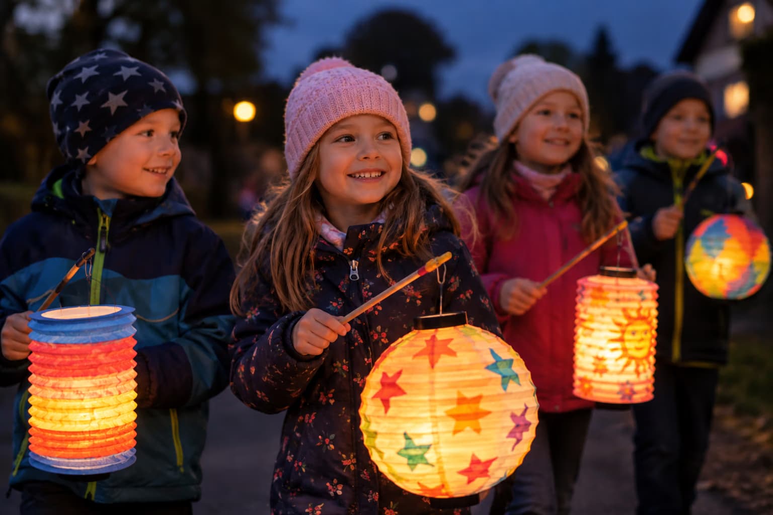 Vier Kinder in Winterkleidung gehen in der Dämmerung spazieren und tragen leuchtende Papierlaternen.