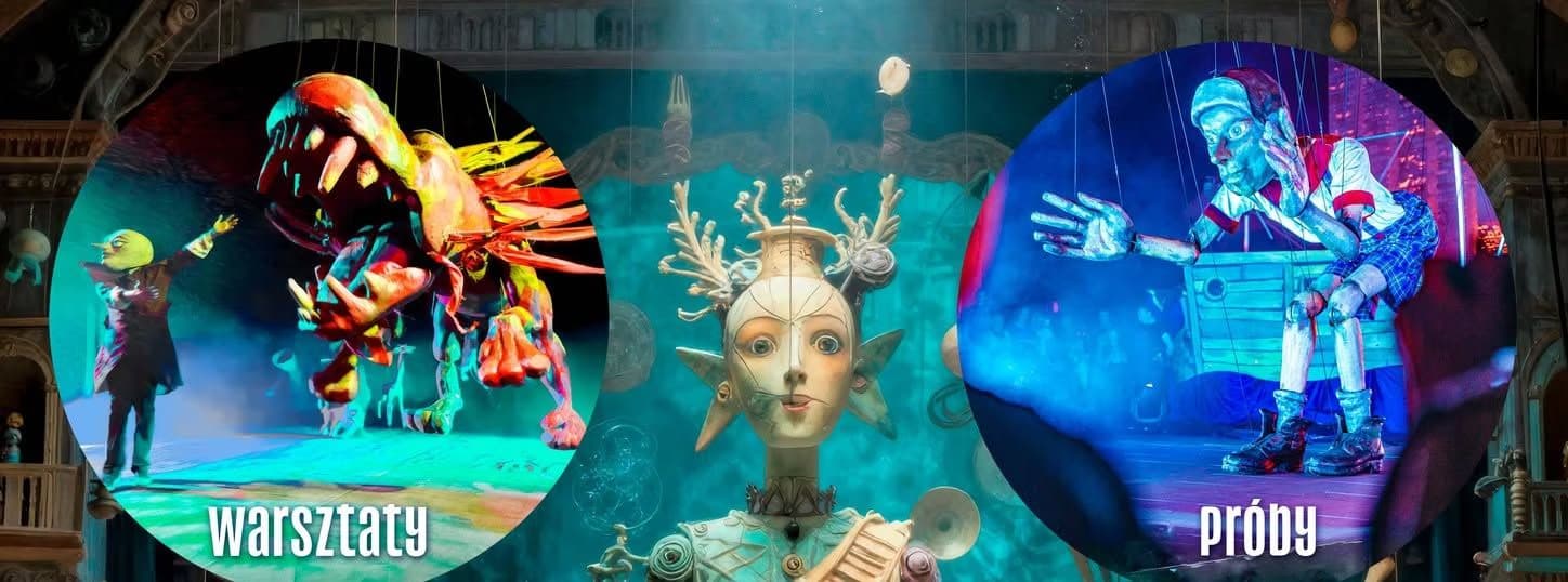 Three circular scenes show intricate marionette puppets and theatrical figures on a dark stage.