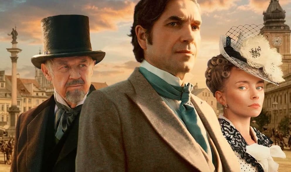 Three people in Victorian-era attire stand before a historic town square with a column.