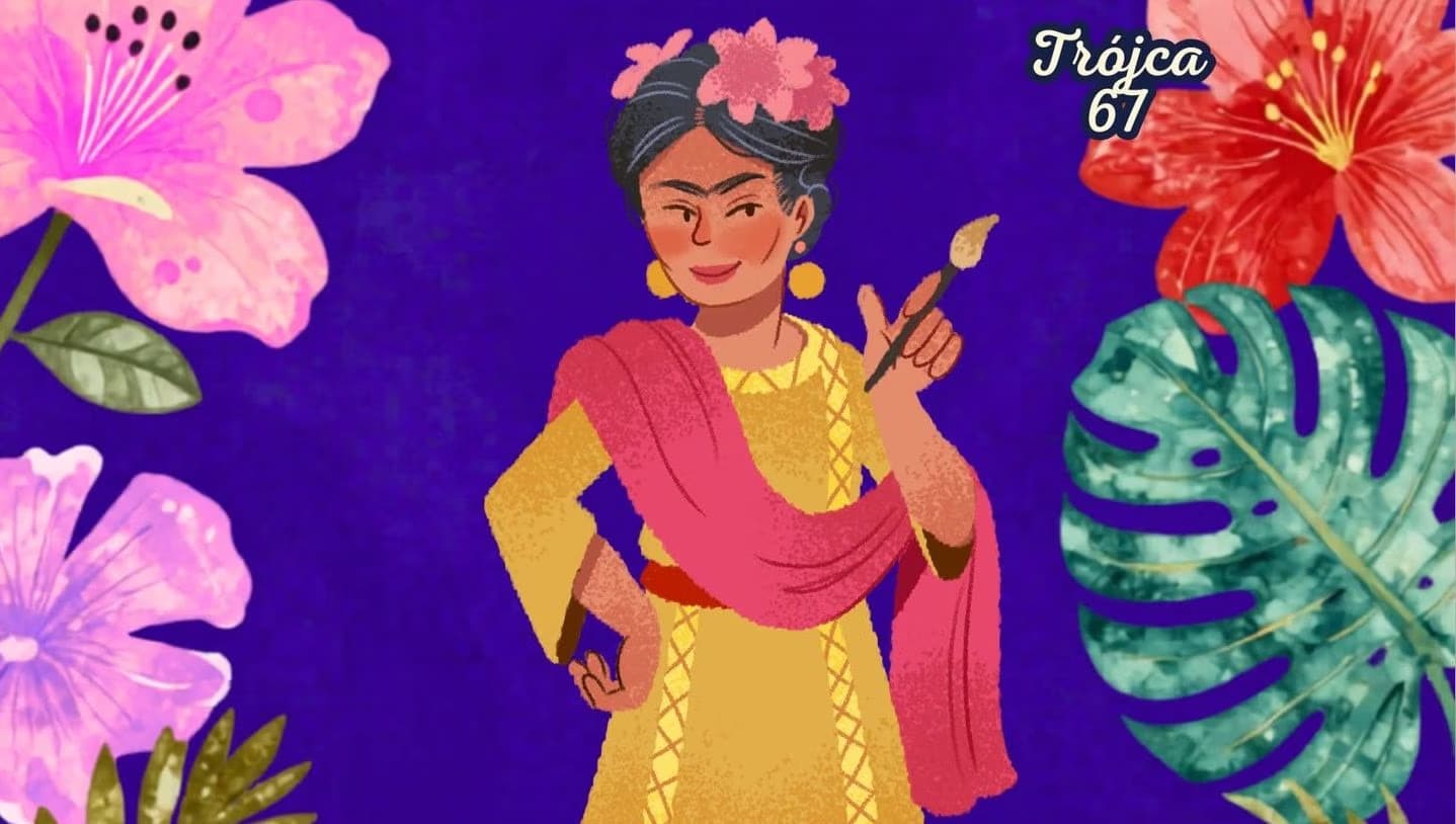 Illustration of Frida Kahlo holding a paintbrush surrounded by colorful tropical flowers on purple background.