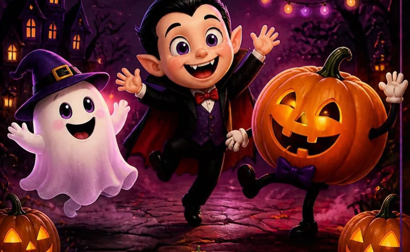 Kreskówkowy wampir, duch i dynia tańczą razem w przerażającej halloweenowej scenerii.