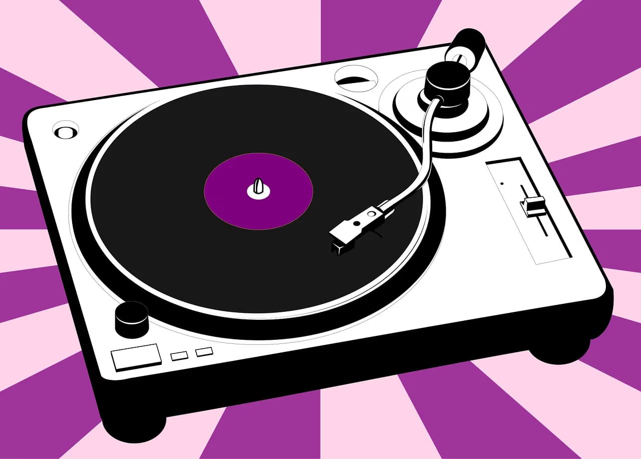 Graphic illustration of a vinyl turntable against a purple and pink striped background.
