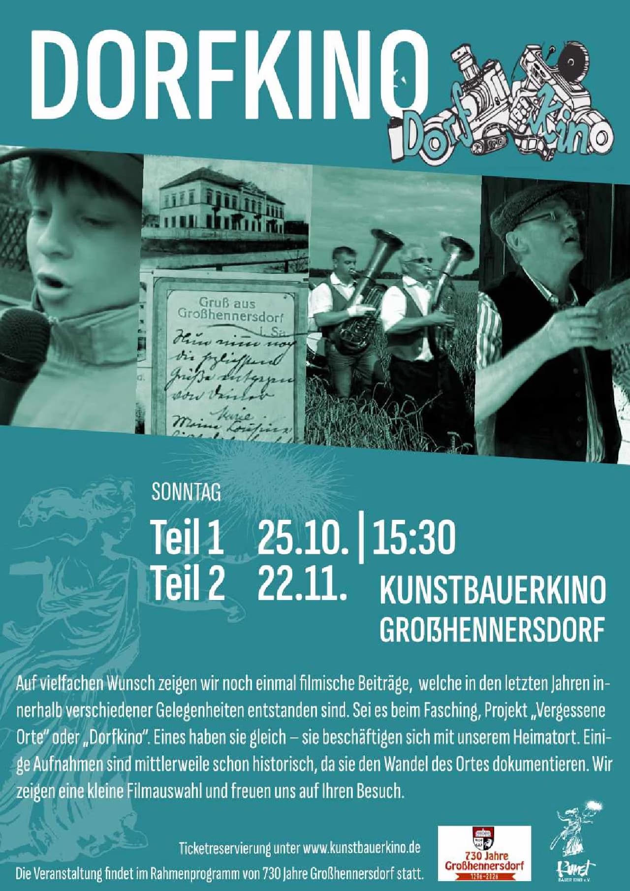 Ein Kinoplakat zeigt historische Fotos, einen jungen Redner, Musiker und die Veranstaltungstermine.