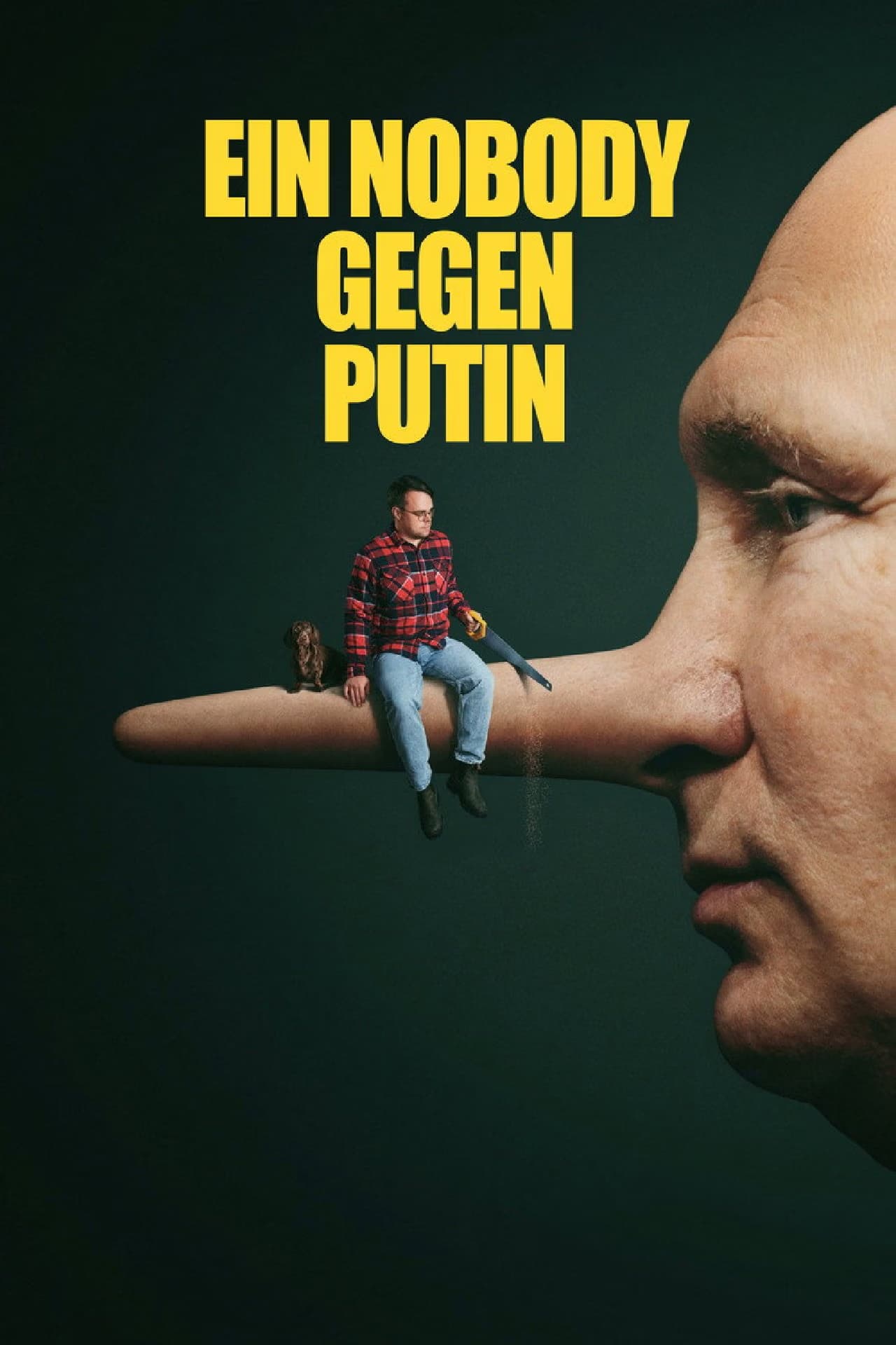 Mężczyzna siedzi na długim nosie Putina przypominającym Pinokia i trzyma piłę.