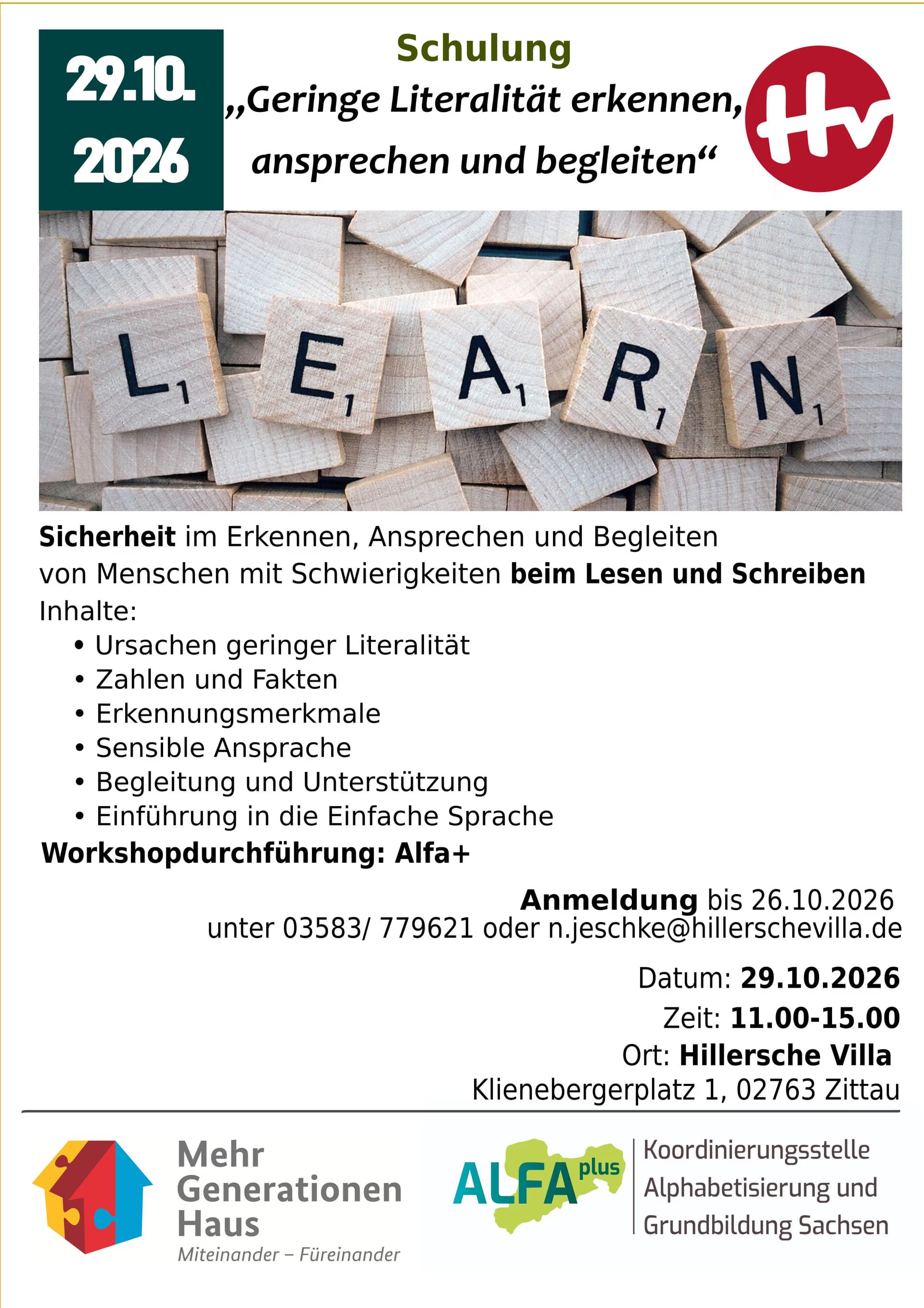 A training workshop poster about low literacy skills, featuring wooden letter tiles spelling LEARN.