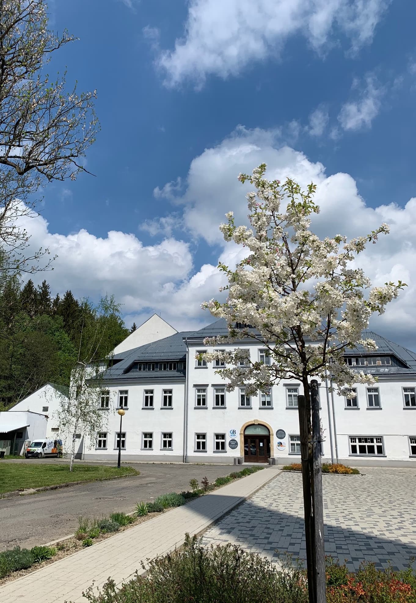 A white building with a dark roof stands behind a blooming white tree under a blue, cloudy sky.