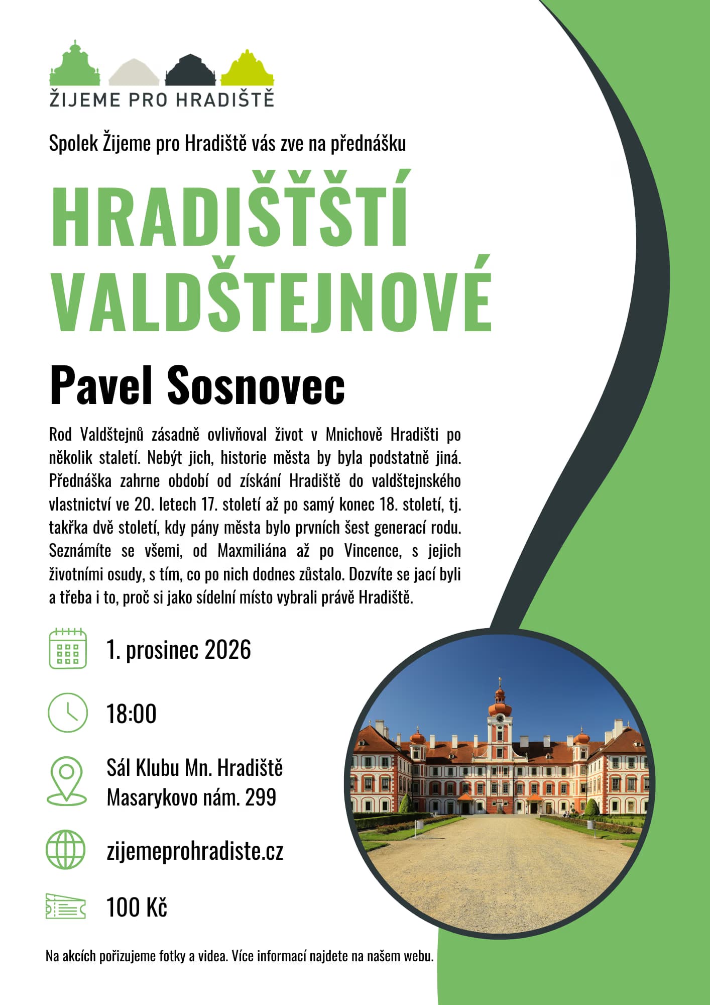 Ulotka wydarzenia zapraszająca na wykład Hradišťští Valdštejnové z Pavlem Sosnovcem w Mnichovo Hradiště.