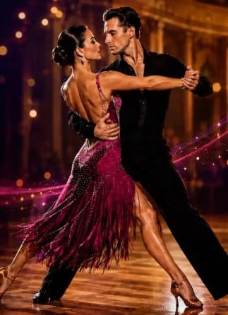 A couple dances tango on a stage with warm lighting and a dark background.