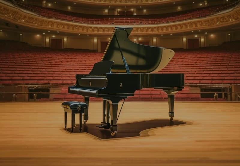 A black grand piano sits on an empty wooden stage in a concert hall with red seats.