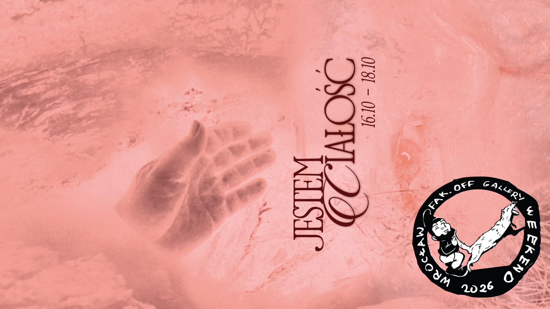 Text auf einem rosa künstlerischen Hintergrund zeigt eine ausgestreckte Hand und Veranstaltungsdetails.
