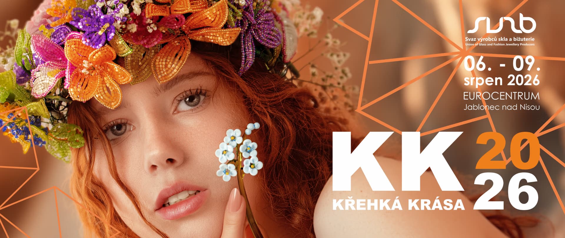 A young woman with red hair and a floral crown looks at the camera for an event announcement.
