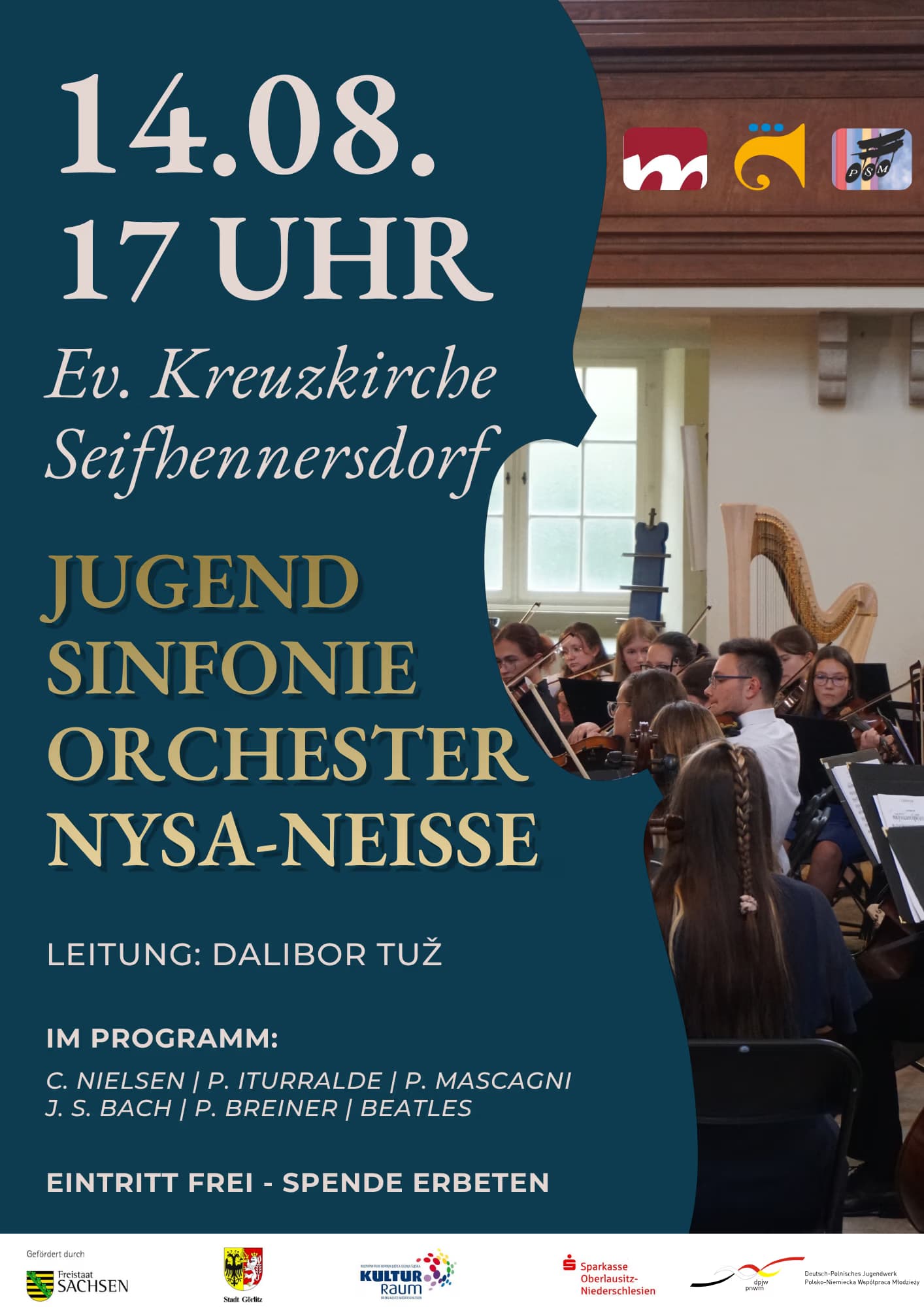 Poster for a youth orchestra concert at the Seifhennersdorf church with text overlay.
