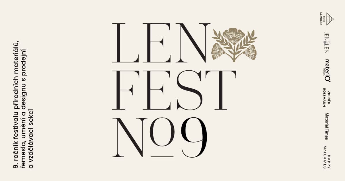 Minimalistický krémový plakát s nápisem LENFEST No9, květinovou grafikou a popisem festivalu na straně.
