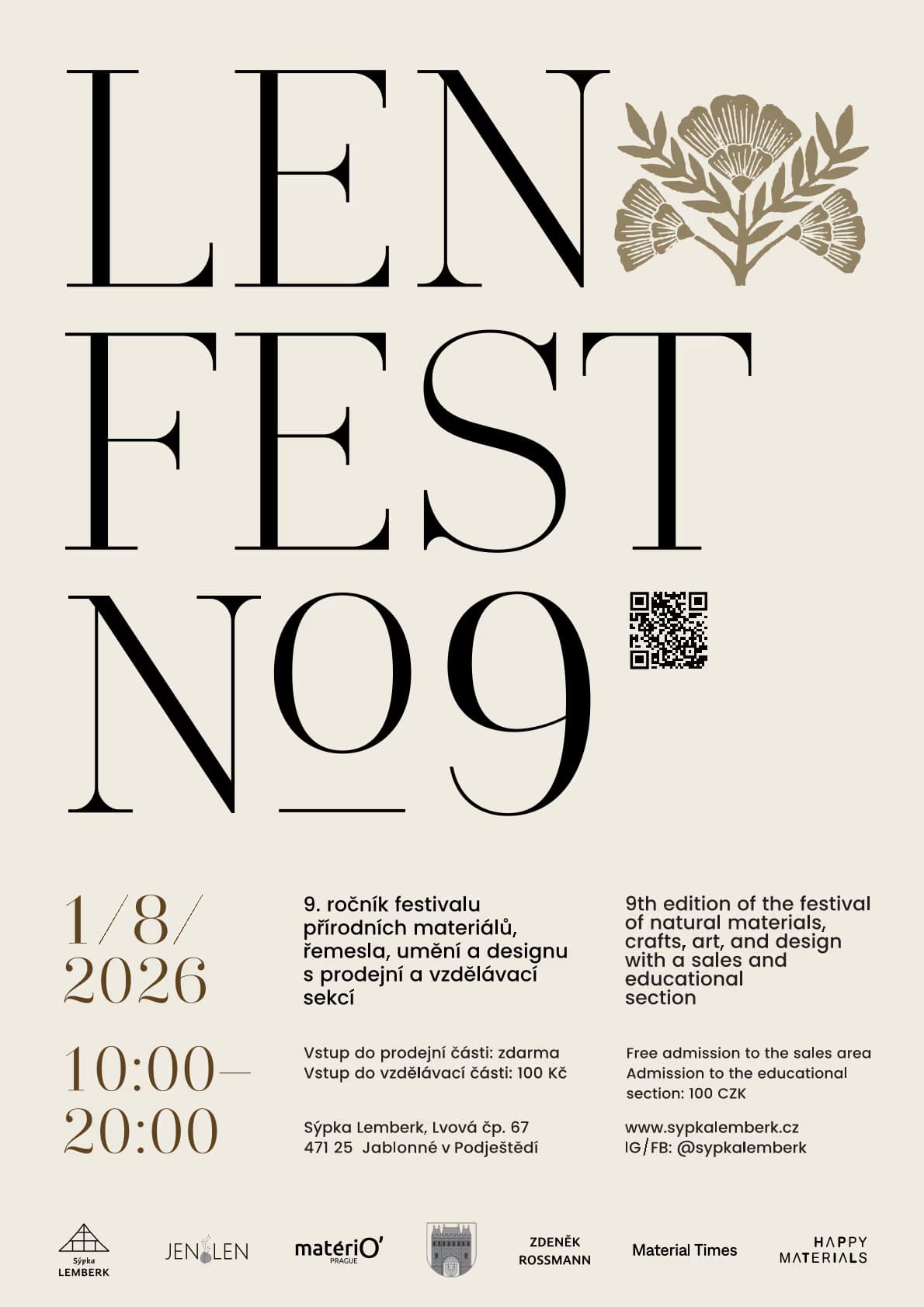 Minimalistický plakát na festival Lenfest No9 s typografií, botanickou ilustrací a informacemi o akci.