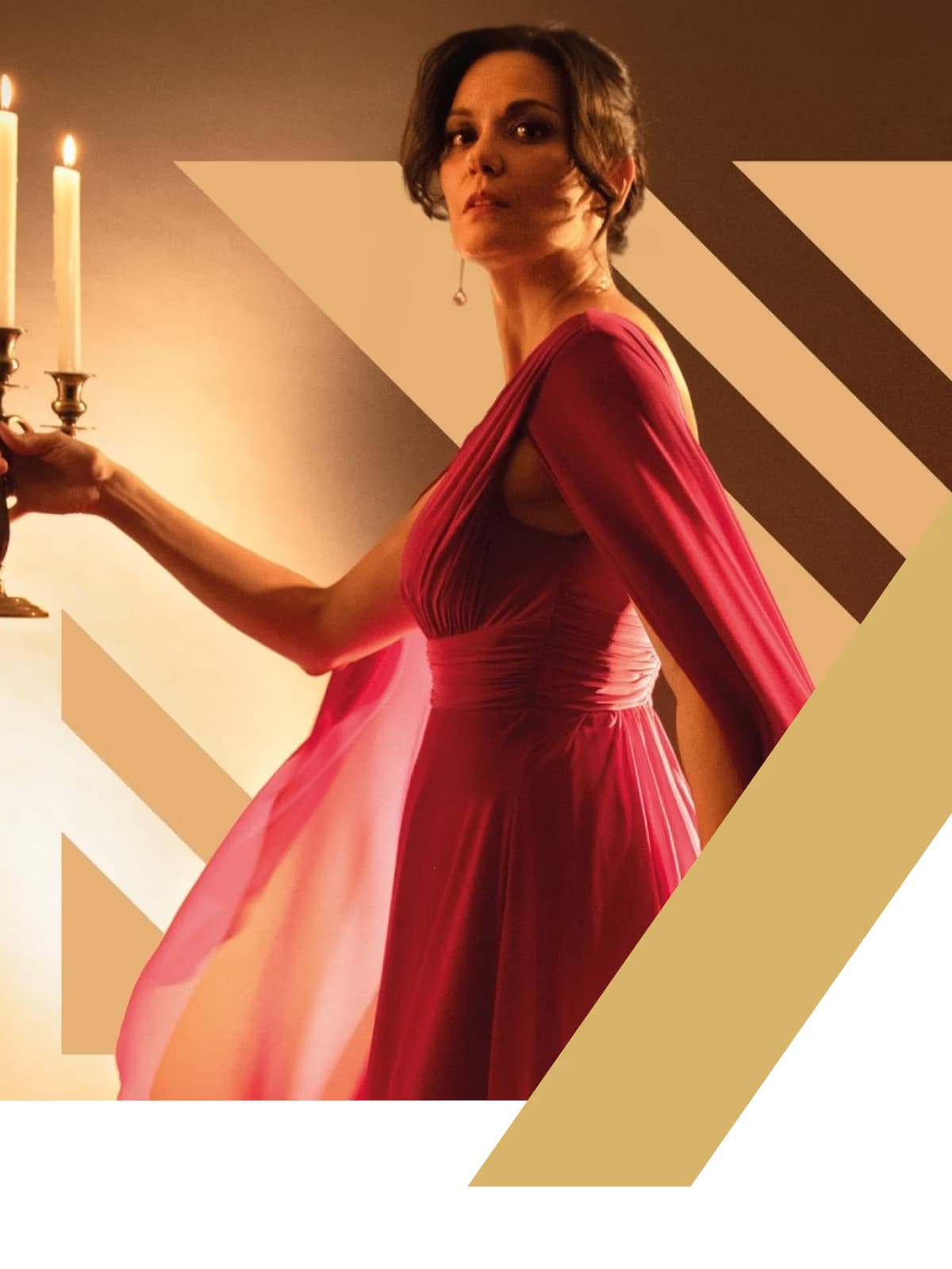 A woman in a magenta dress holds a silver candelabra against an abstract beige background.