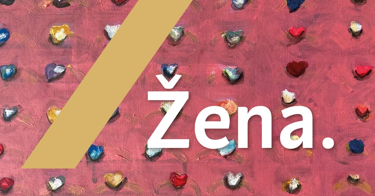 A reddish background with scattered heart objects and the word Žena in white letters.