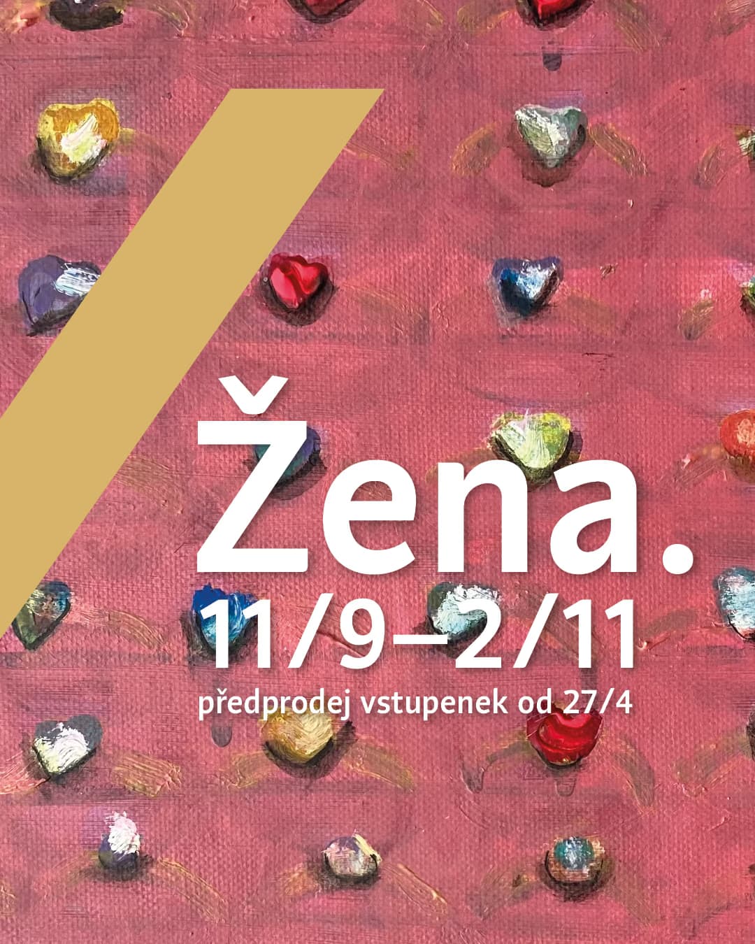 Poster with a textured red background covered in small colorful hearts and event text.