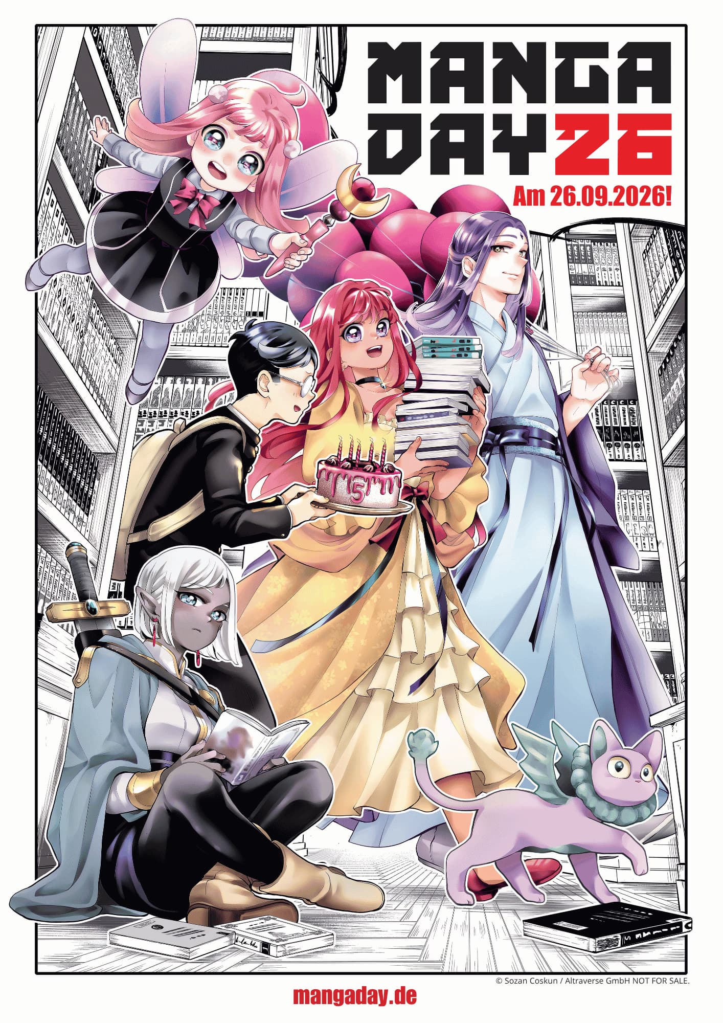 Animated characters in a library celebrate Manga Day on September 26, 2026.
