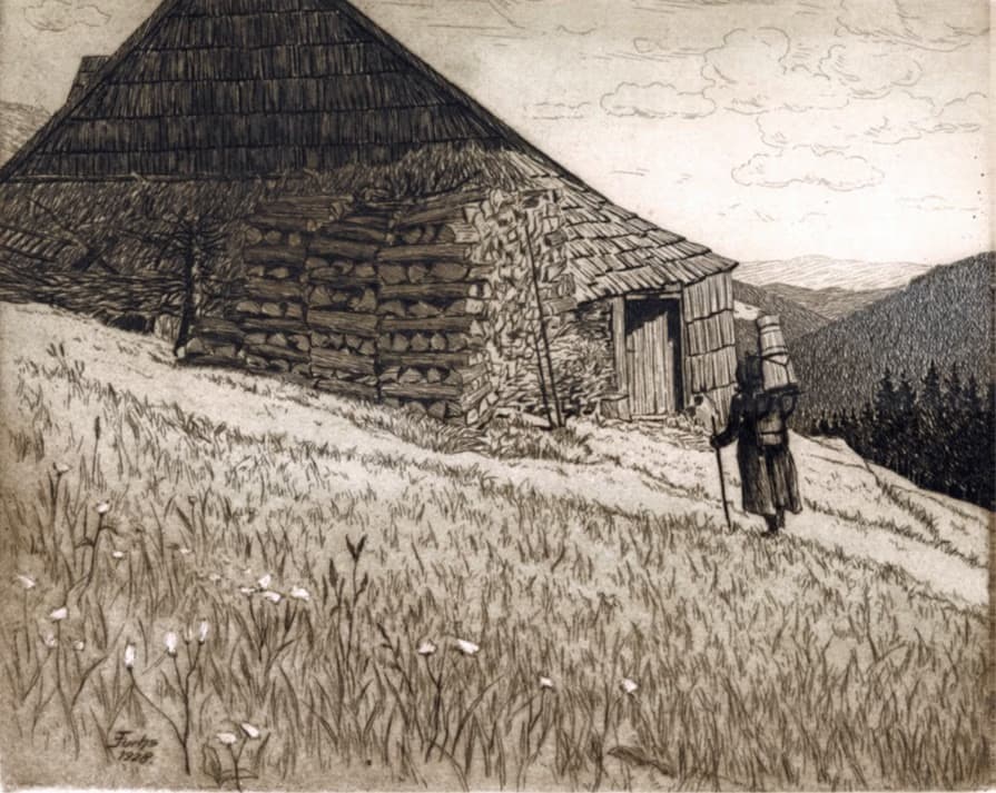 Postava kráčí kolem dřevěné chalupy na horském svahu na ilustraci v lepeném stylu.